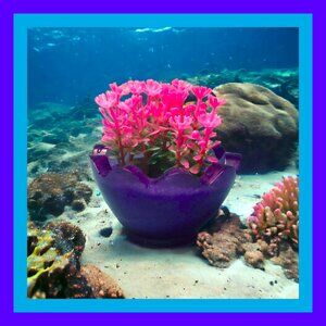 Aquarium Decoration  - Purple Wavy Pot with Pink Flower Plant.